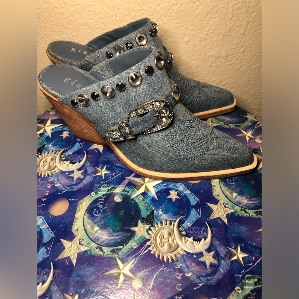 Embellished Denim Wedge Mules size 6.5 - Picture 3 of 15